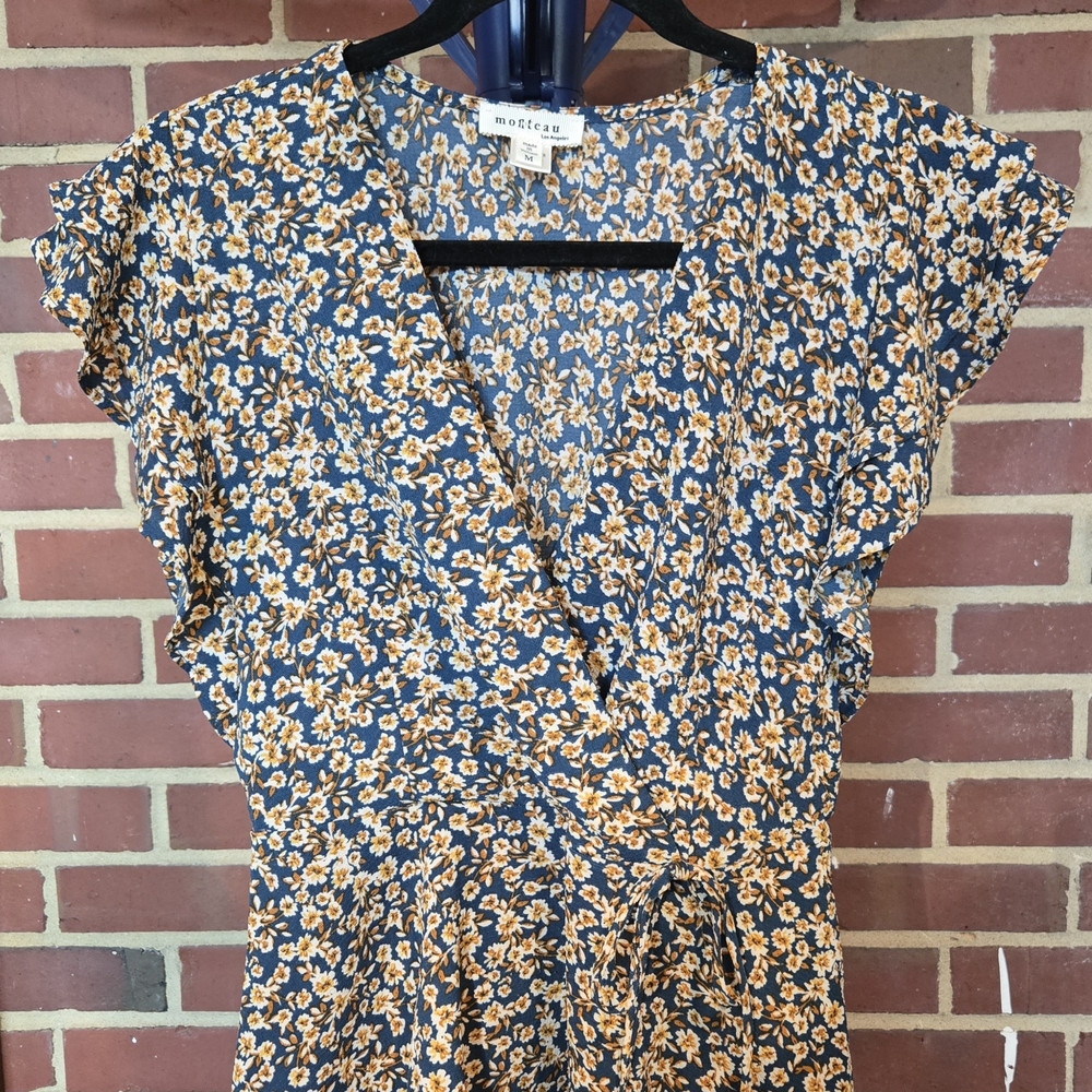 Navy Floral Wrap-Style Women's Top
